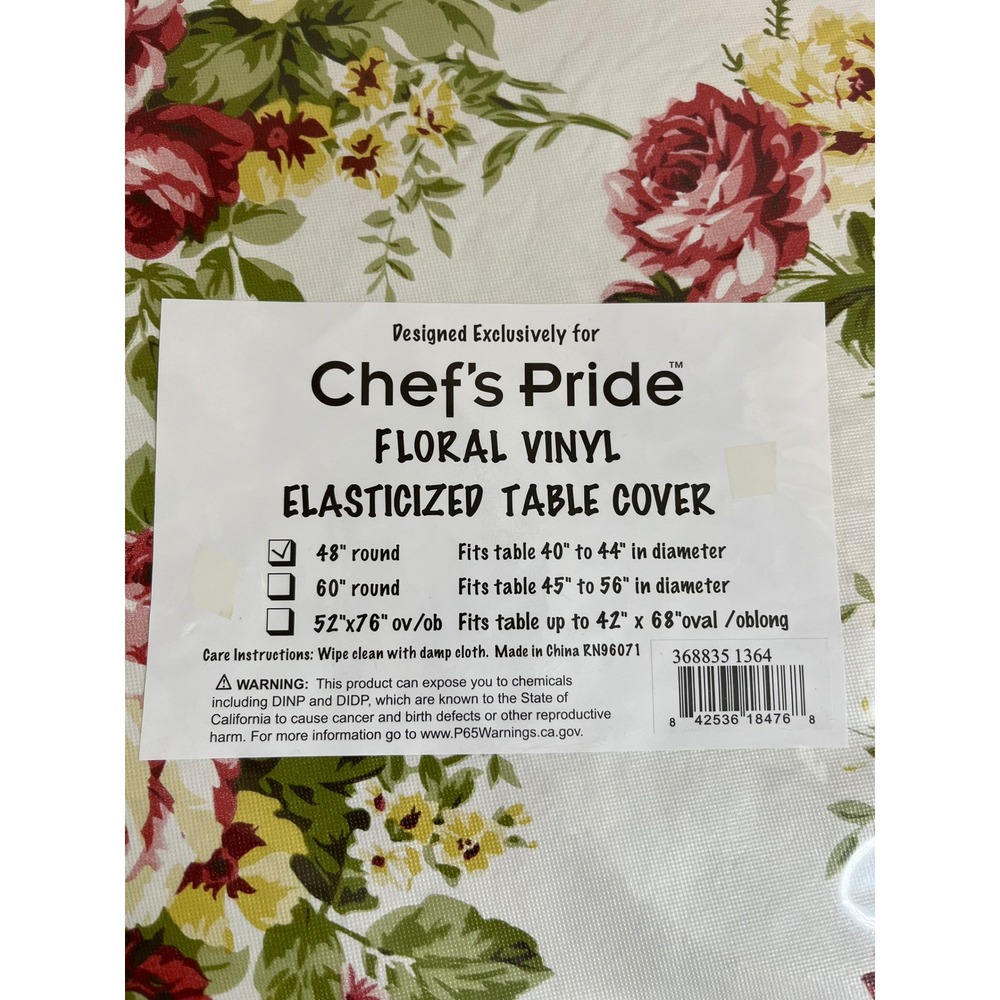 Chef's Pride‎ Floral Vinyl Elasticized Table Cover 48 Inch Round Red Yellow Rose - Picture 2 of 4